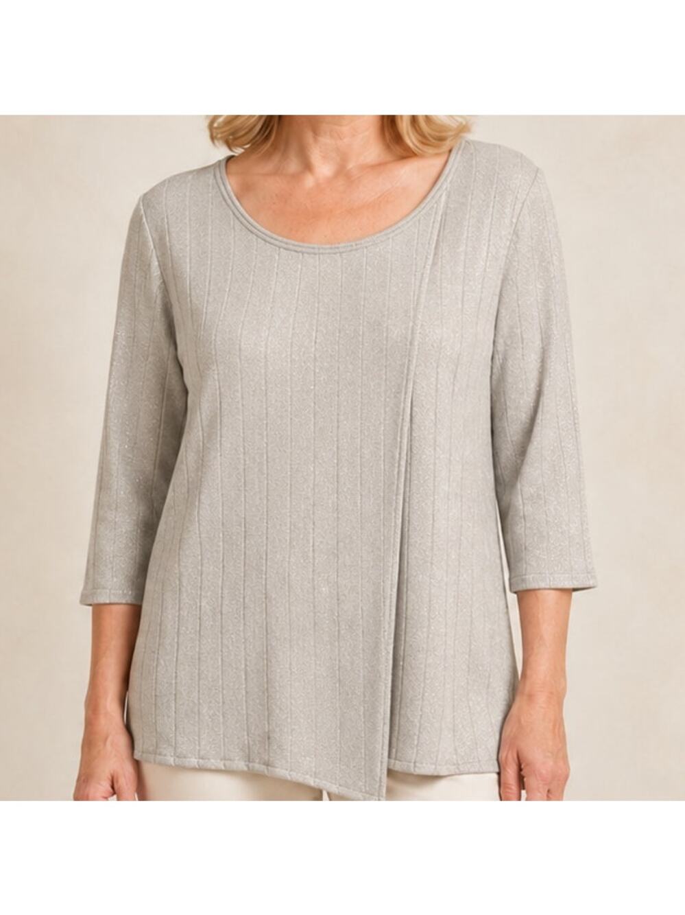 BIANA Metallic Wool Ribbed Top Womens XL Layered Champagne Beige Shimmer